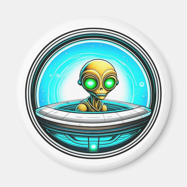 Extra Terrestrial Alien Flying a UFO Magnet (Front)