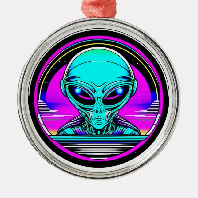 Extra Terrestrial Alien Flying a UFO Metal Tree Decoration (Front)