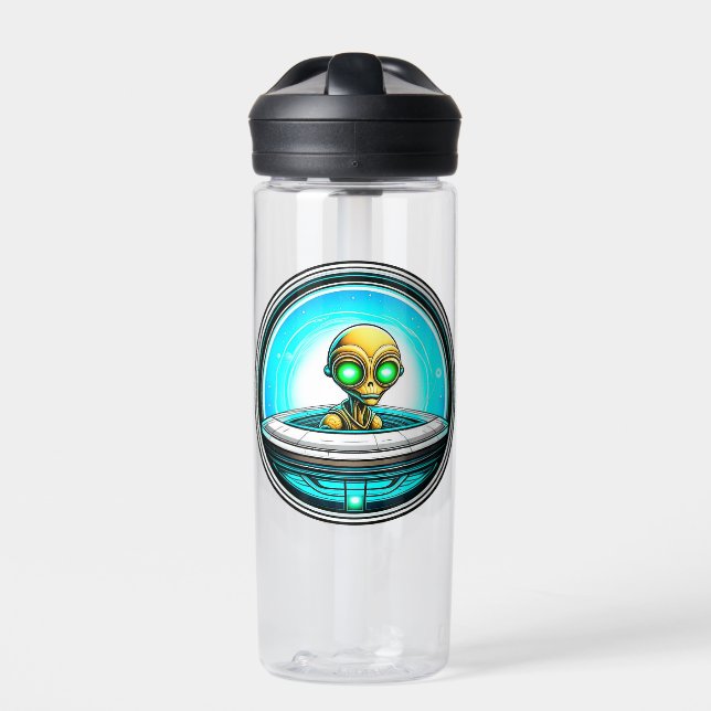 Extra Terrestrial Flying in a UFO Personalised Water Bottle (Front)