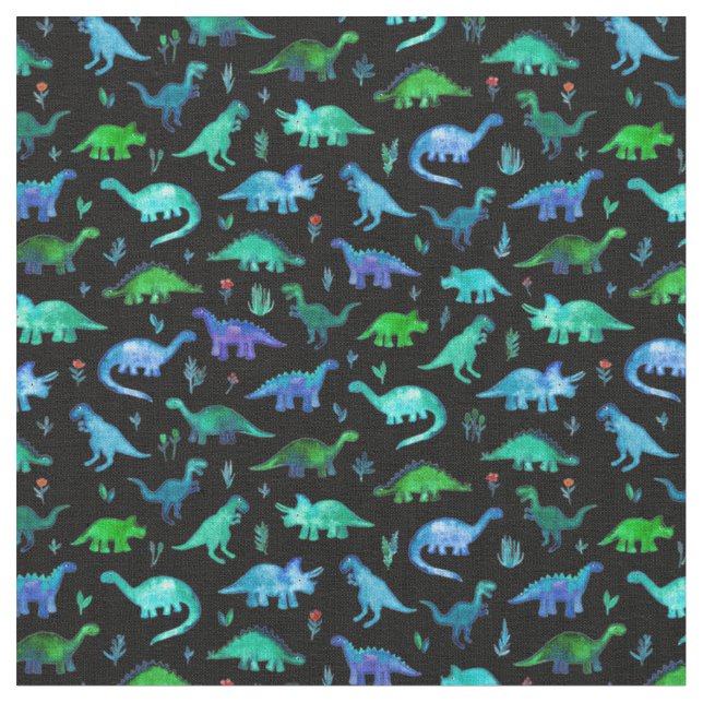 Extra Tiny Dinos in Blue and Green on Black Fabric (Close Up)