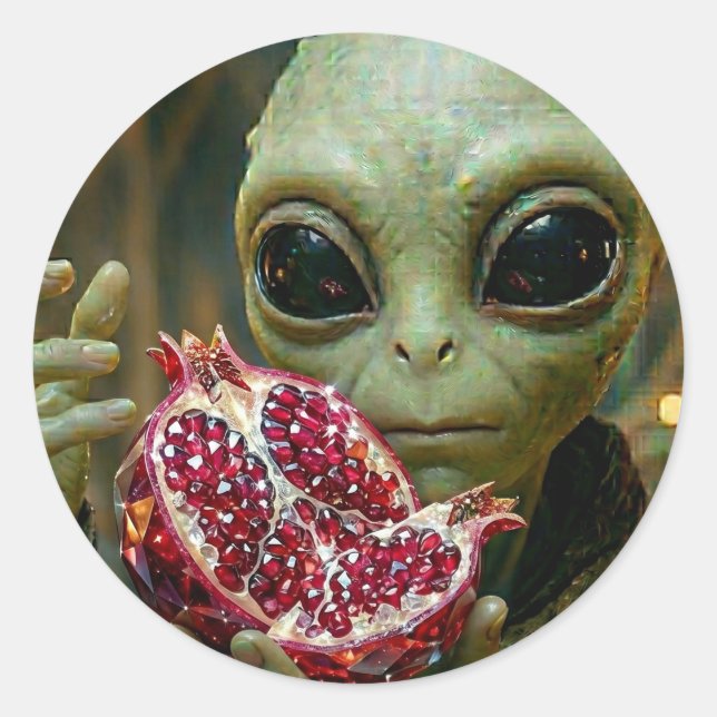 Extraterrestrial  Alien and Pomegranate   Classic Round Sticker (Front)
