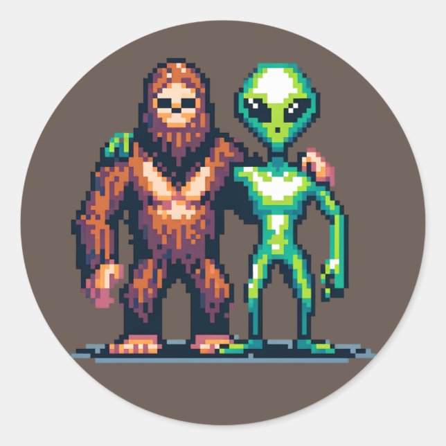 Extraterrestrial Alien Being and Bigfoot Pixel Art Classic Round Sticker (Front)