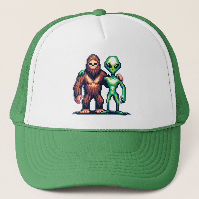 Extraterrestrial Alien Being and Bigfoot Pixel Art Trucker Hat (Front)