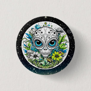 Extraterrestrial Alien in Flowers Starry Night 3 Cm Round Badge