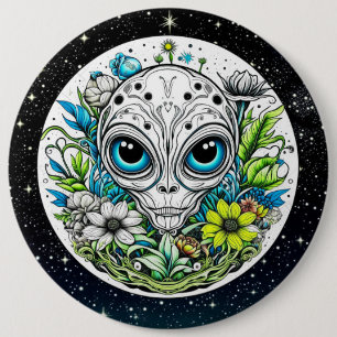 Extraterrestrial Alien in Flowers Starry Night 6 Cm Round Badge