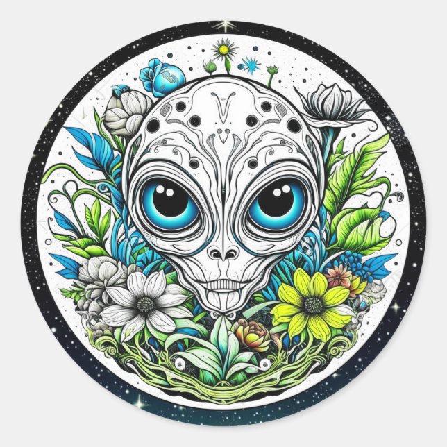 Extraterrestrial Alien in Flowers Starry Night Classic Round Sticker (Front)