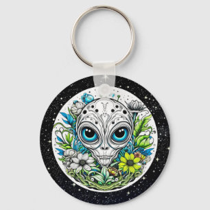 Extraterrestrial Alien in Flowers Starry Night Key Ring