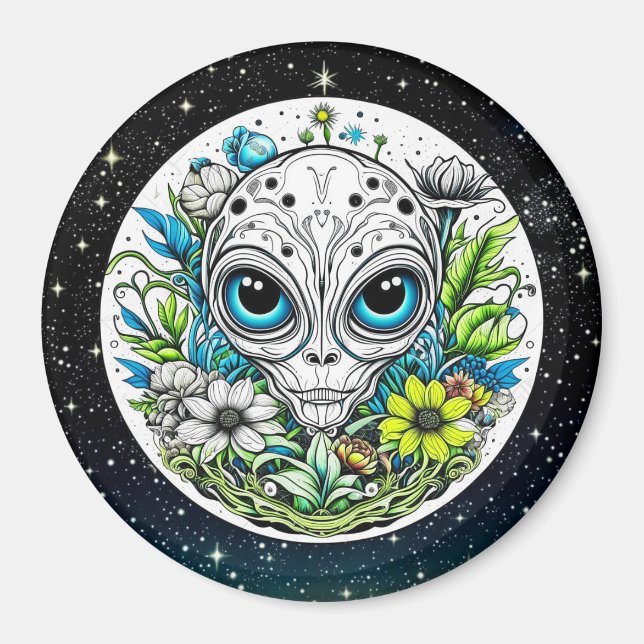 Extraterrestrial Alien in Flowers Starry Night Magnet (Front)