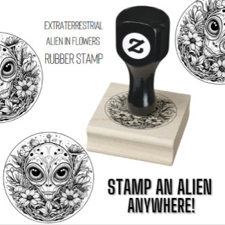 Extraterrestrial Alien in Flowers Starry Night Rubber Stamp