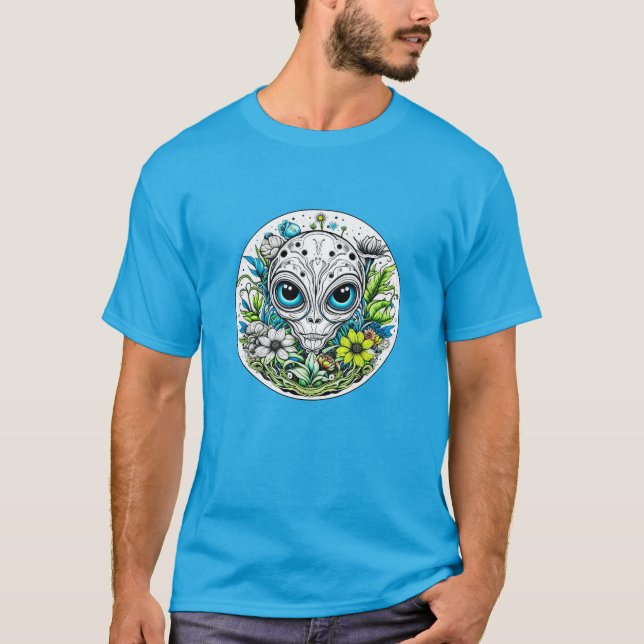 Extraterrestrial Alien in Flowers Starry Night T-Shirt (Front)