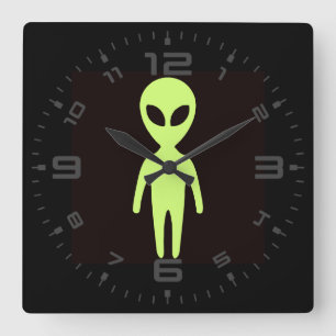 Extraterrestrial Alien Little Green Man Black Square Wall Clock