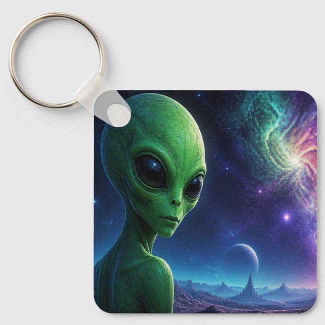 Extraterrestrial Alien Looking Over Their Shoulder Key Ring (Front)