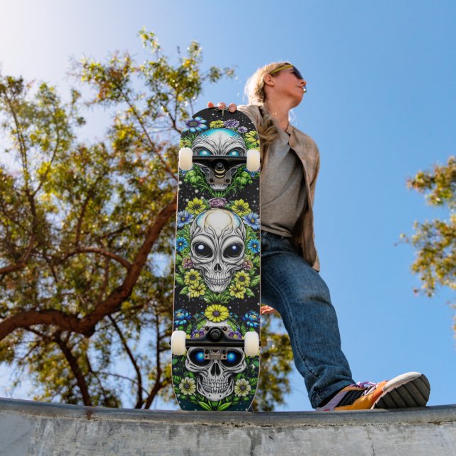 Extraterrestrial Alien Skulls and Flowers  Skateboard (Outdoor 1)