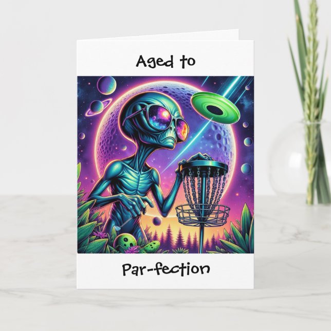 Extraterrestrial and Disc Golf Themed Birthday Card (Front)