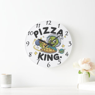 Extraterrestrial Delight: Alien Devouring Pizza Large Clock