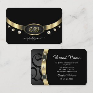 Extravagant Black and Gold Monogram and Diamonds Business Card