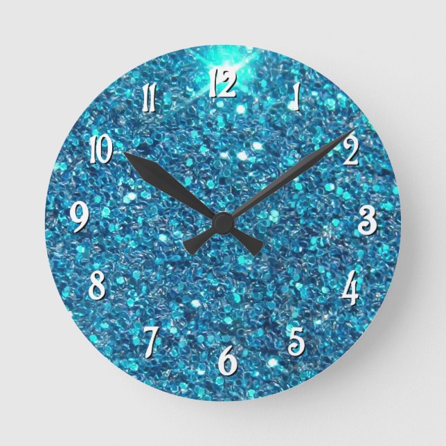Extravagant Blue Glitter Shine Round Clock (Front)