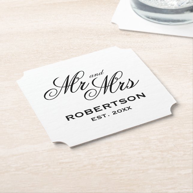 Extravagant Mr and Mrs wedding party ticket shape Paper Coaster (Angled)