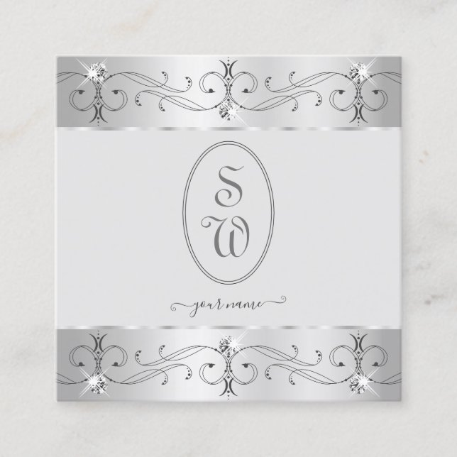 Extravagant Silver Grey Ornate Ornaments Monogram Square Business Card (Front)