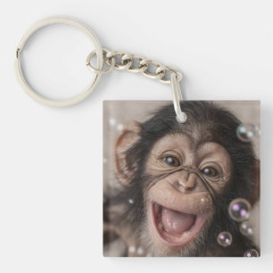 Extreme Close-Up of Happy Baby Chimpanzee Key Ring