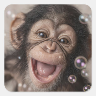 Extreme Close-Up of Happy Baby Chimpanzee Square Sticker