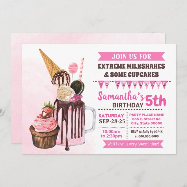 Extreme milkshakes ice cream birthday bash pink invitation (Front/Back)