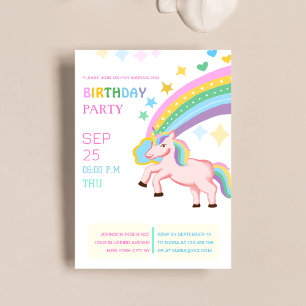 extremely cute colourful unicorn kid's birthday invitation