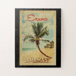 Exuma Palm Tree Vintage Travel Jigsaw Puzzle<br><div class="desc">A uniquely retro mid-century modern Exuma Bahamas art print in vintage travel poster style. It features a curved palm tree on sandy beach with ocean under a blue cloudy sky.</div>