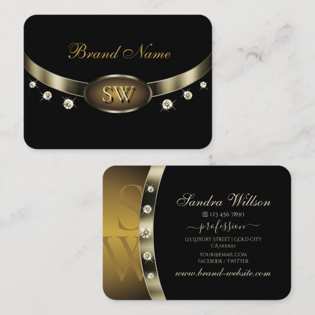 Eye Catching Black and Gold with Monogram Diamonds Business Card (Front/Back)