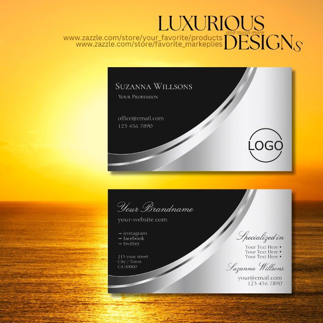 Eye Catching Black and Silver Glam Decor with Logo Business Card (Creator Uploaded)