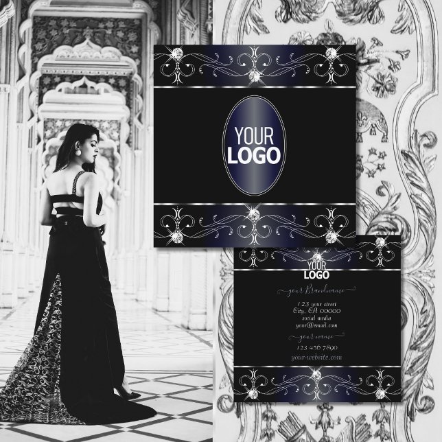 Eye Catching Black Blue Ornate Ornaments with Logo Square Business Card (Creator Uploaded)