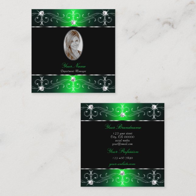 Eye Catching Black Green Ornate Ornaments Add Foto Square Business Card (Front/Back)