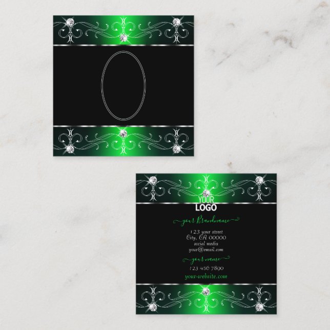 Eye Catching Black Green Ornate Ornaments Add Logo Square Business Card (Front/Back)