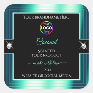Eye Catching Black Shiny Teal Logo Product Label