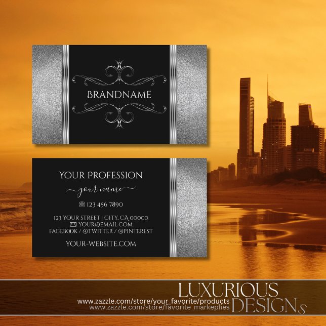 Eye Catching Black Silver Glitter Ornate Ornaments Business Card (Creator Uploaded)