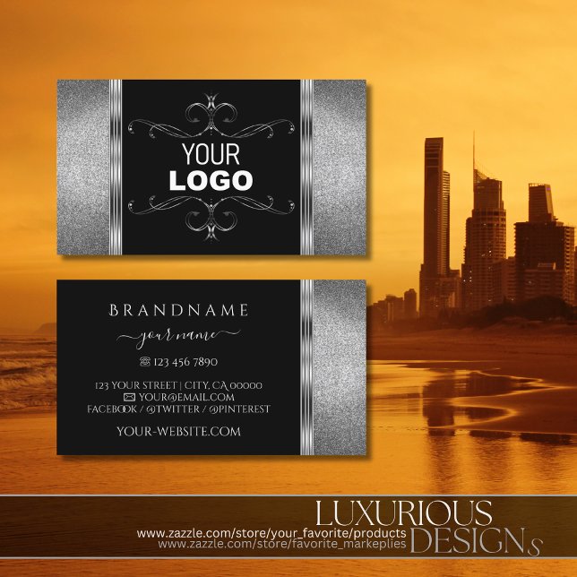 Eye Catching Black Silver Glitter Ornate with Logo Business Card (Creator Uploaded)