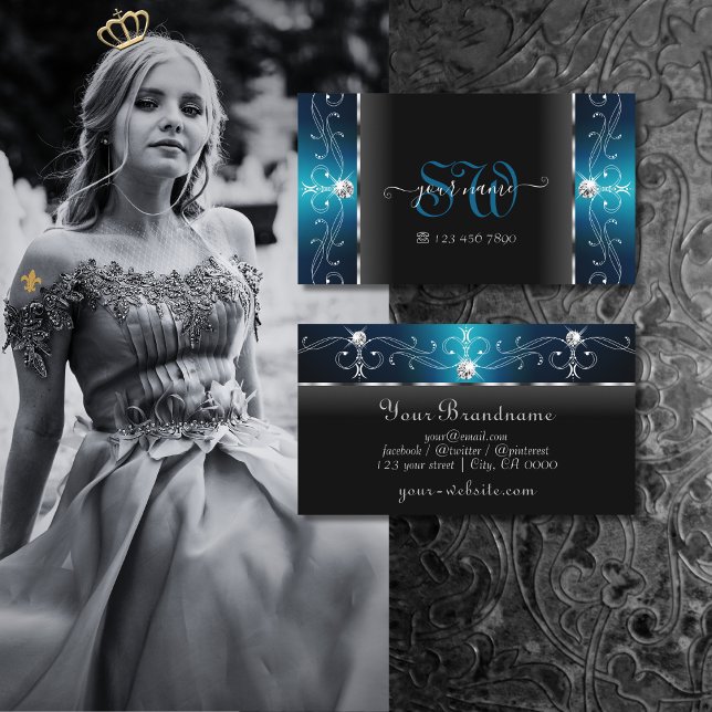 Eye Catching Black Teal Squiggled Jewels Monogram Business Card (Creator Uploaded)