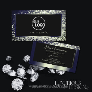 Eye Catching Blue Silver Ombre Glitter Logo Black  Business Card