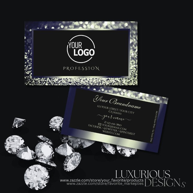 Eye Catching Blue Silver Ombre Glitter Logo Black  Business Card (Creator Uploaded)
