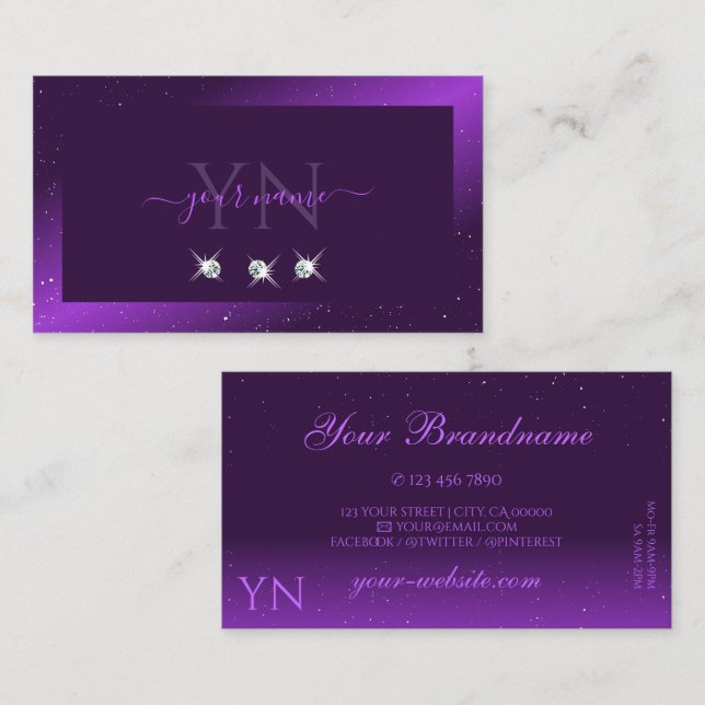 Eye Catching Dark Purple Sparkle Diamonds Monogram Business Card (Front/Back)