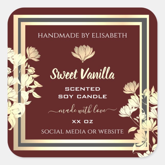 Eye Catching Floral Burgundy Gold Product Labels (Front)