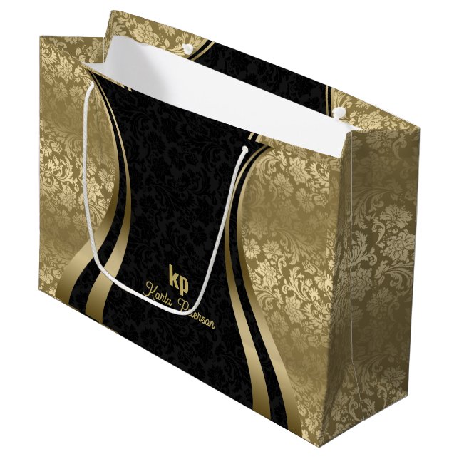Eye-Catching Gold Black Damask Dynamic Lines 2 Large Gift Bag (Front Angled)