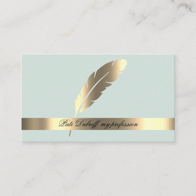 Eye Catching Light Blue with Gold Feather Business Card (Front)