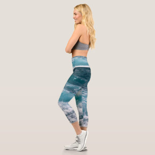 Eye Catching Ocean Wave Pattern Trendy Sport Capri Leggings