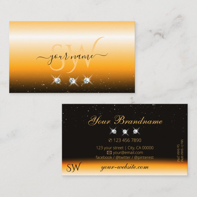 Eye Catching Orange Black Sparkle Jewels Monogram Business Card (Front/Back)