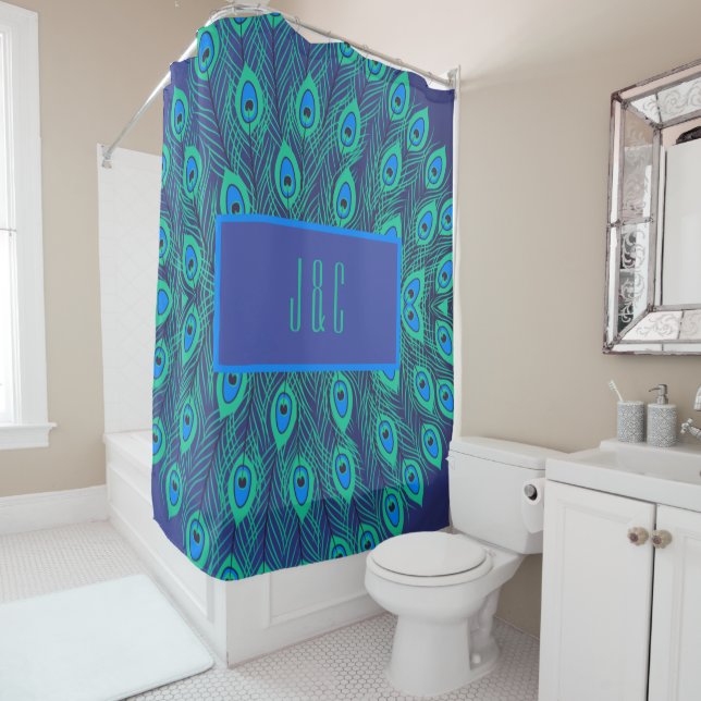 EYE-CATCHING PEACOCK FEATHERS IN TEAL BLUE TONES  SHOWER CURTAIN (In Situ)