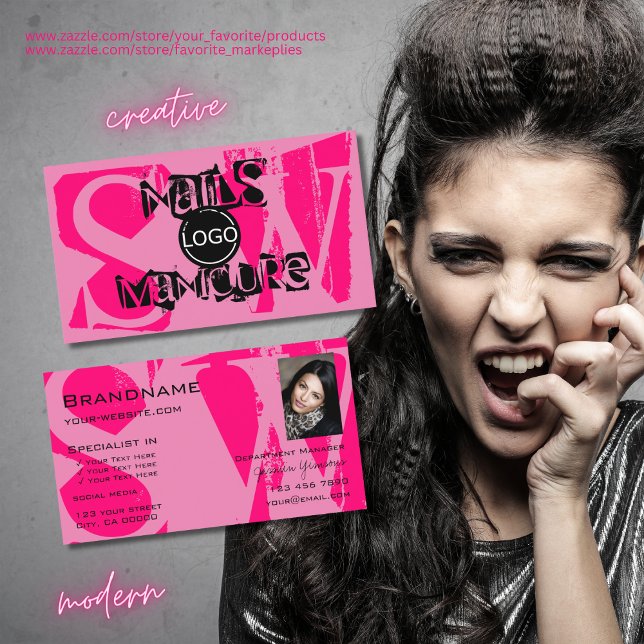 Eye Catching Pink Black with Photo Logo Monogram Business Card (Creator Uploaded)
