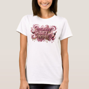 Eye-Catching Pink READY SET WINE Text Design T-Shirt
