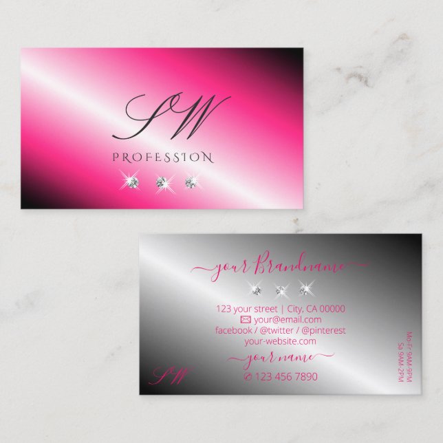 Eye Catching Pink Silver Sparkle Diamonds Monogram Business Card (Front/Back)