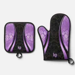 Eye-Catching  purp Black Damask Dynamic Lines Oven Mitt & Pot Holder Set